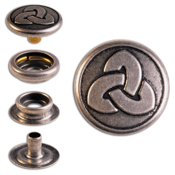 Ringfeder-Druckknöpfe “F3” 17mm Keltische Trinity aus Messing (nickel frei), Finish: silber-antik
