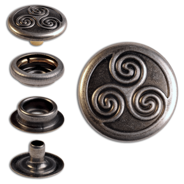 Ringfeder-Druckknöpfe “F3” 17mm Keltische Triskele aus Messing (nickel frei), Finish: nickel-antik