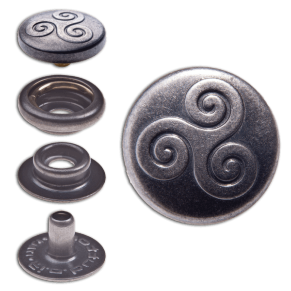 Ringfeder-Druckknöpfe "F0" 12.5mm Keltische Triskele aus Messing (nickel frei), Finish: nickel-antik