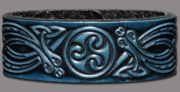 Leather Bracelet 24mm (15/16 inch) Triskel with Snakes (6) blue-antique