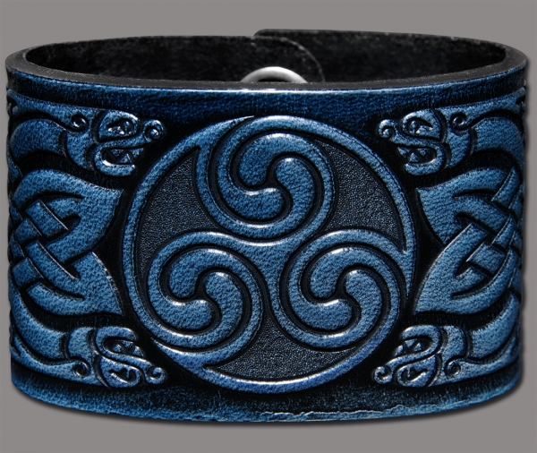Leather Wristband 48mm (1 7/8 inch) Triskel Dragon-Heads (3) blue-antique