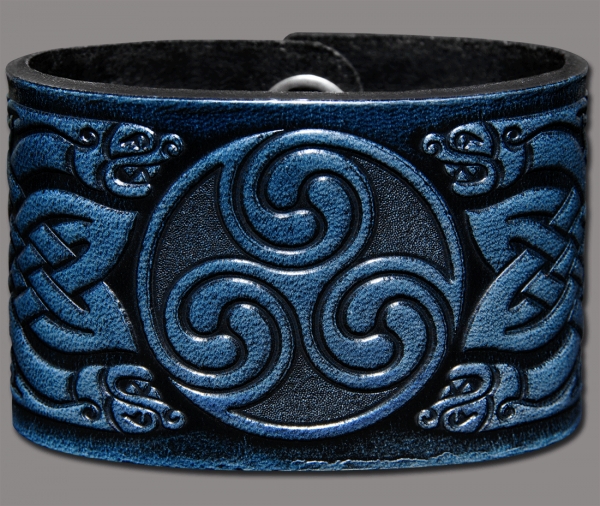 Lederarmband 48mm Triskele Drachenköpfe (3) blau-antik