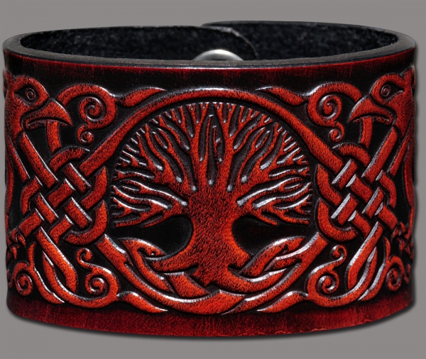 Leather Wristband 48mm (1 7/8 inch) Tree of Life with Birds (8) mahogany-antique