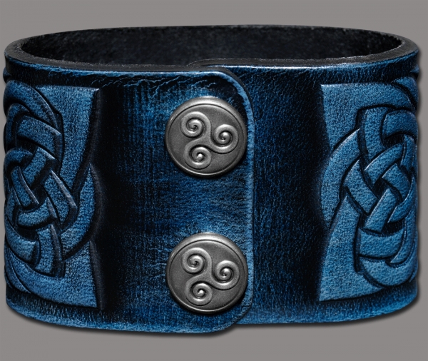 Leather Wristband 48mm (1 7/8 inch) Triskel Dragon-Heads (3) blue-antique